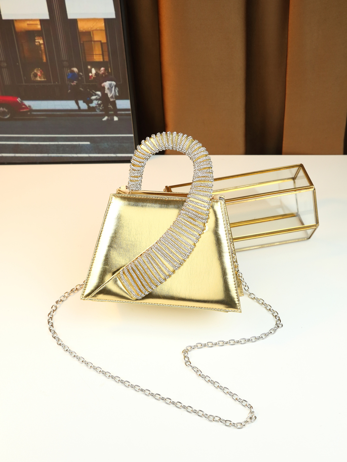Elegante borsa a mano di lusso tempestata di diamanti, borsa quadrata da donna finemente realizzata per feste, con catena, da portare a tracolla o a spalla._voghion.com