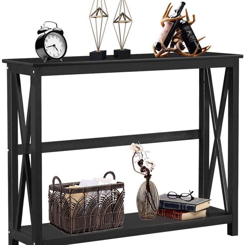 2 Layers x-Design Console Table Wooden Sofa Table Bookshelf Entrance Accent Table Coffee Table with Storage Rack