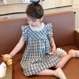 韩版女童连衣裙夏季时尚洋气女宝宝新款蕾丝棉绸格子无袖小童裙