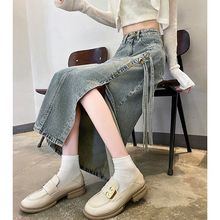 开叉牛仔半身裙女2025年秋冬新款高腰显瘦复古a字中长款包臀裙