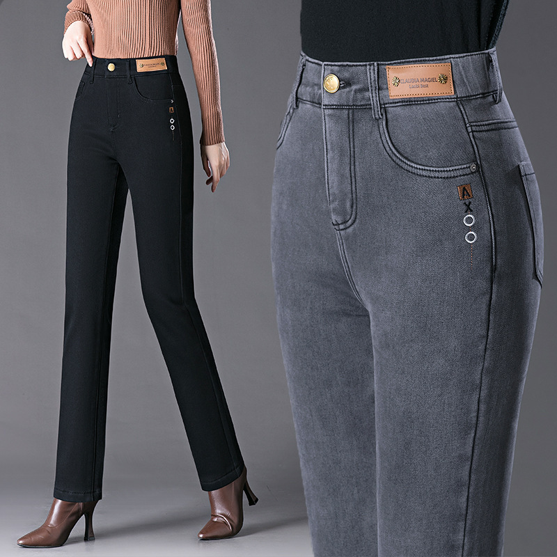 Autumn Smoky Gray Jeans for Women High Waist 2024 New Slim Straight Pants Stretch Middle-Aged Mother Casual Pants