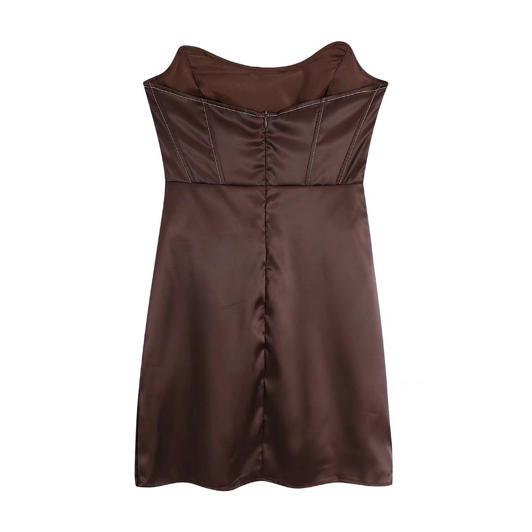 Brown Tube Top Pleated Dress NSLQS101699