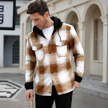 亚马逊秋冬加绒连帽格子休闲大码男士长袖衬衫冬季保暖衫批发衬衣
