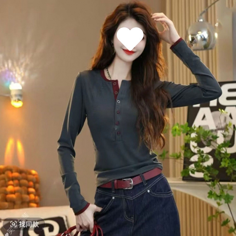 安可拉红撞色纽扣长袖T恤女秋冬季韩版正肩显瘦打底上衣|undefined