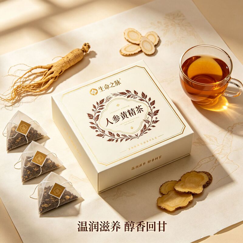 Ginseng and Polygonatum tea, a blend of herbal tea bags in triangular packaging, available as individual tea bags, OEM manufacturing, and private label options Ginseng and Polygonatum tea, a blend of herbal tea bags in triangular packaging, available as individual tea bags, OEM manufacturing, and private label options