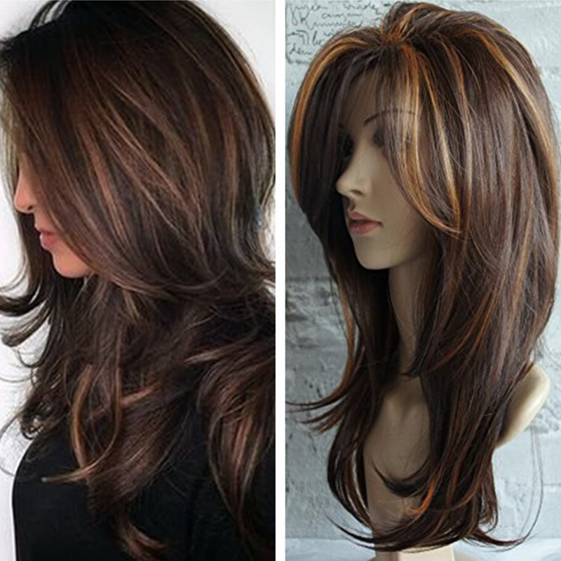 Foreign Trade Wig European and American Style Linen Mixed Brown Medium-Length Straight Hair Rose Mesh High Temperature Silk Wig