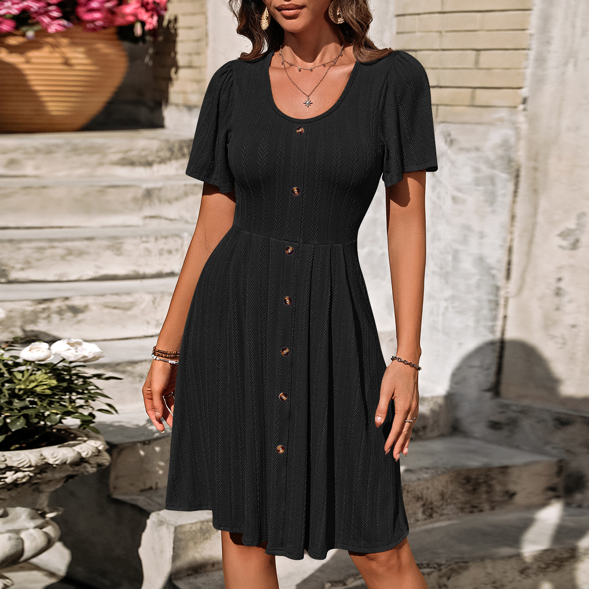 Women's Regular Dress Simple Style U Neck Button Short Sleeve Solid Color Midi Dress Holiday Daily display picture 10