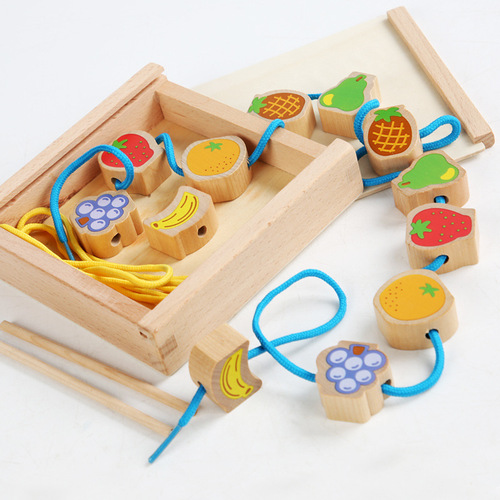 Montessori young children's beaded bead building blocks baby fruit threading wooden rope game educational toys wholesale