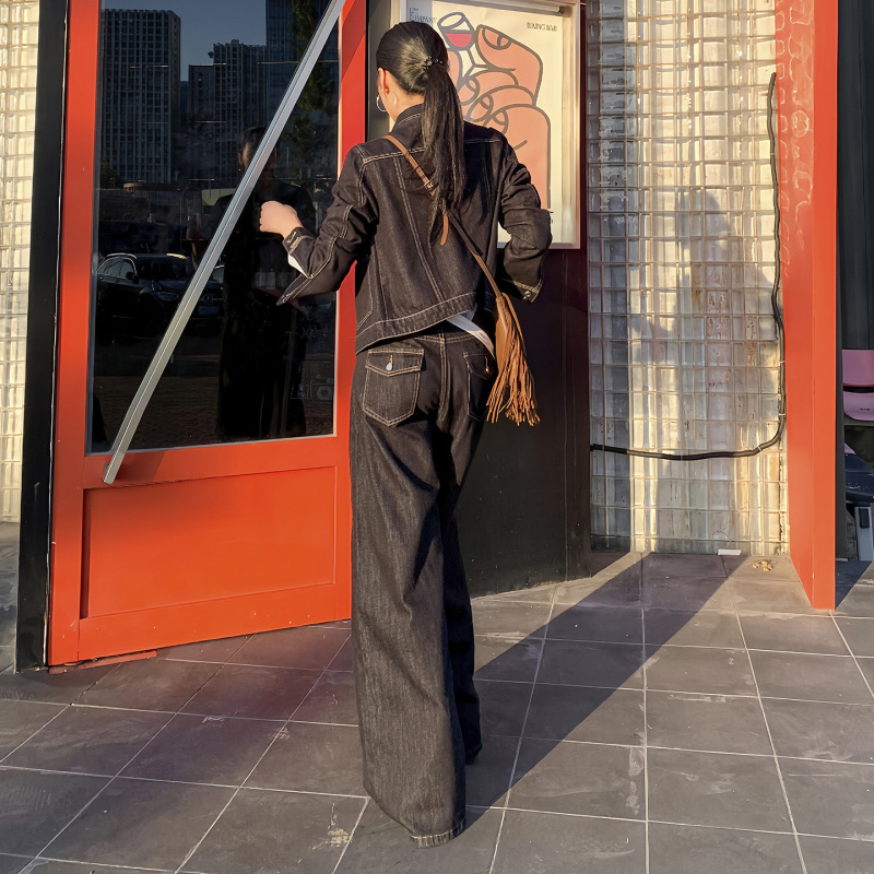 美式解构质感牛仔外套宽松廓形修身显瘦工装夹克套装女牛仔阔腿裤|undefined