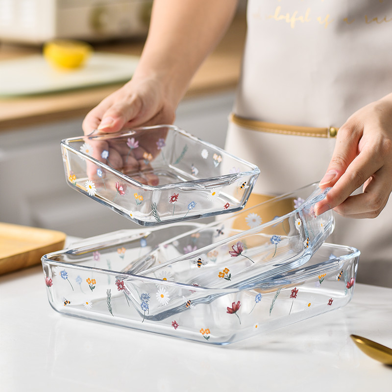 High Temperature Resistant Lead-Free Glass Plate Double-Ear Transparent Tempered Baking Pan Heat-Resistant Square Plate Household Baking Rice Baking Pan
