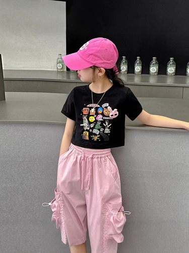 Girls 'fashionable Western-style short-sleeved 2025 summer middle and older children's new trendy cool short-sleeved shirt
