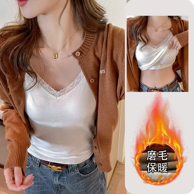 冬保暖磨毛打底吊带背心女内搭带胸垫一体固定式加绒蕾丝v领上衣