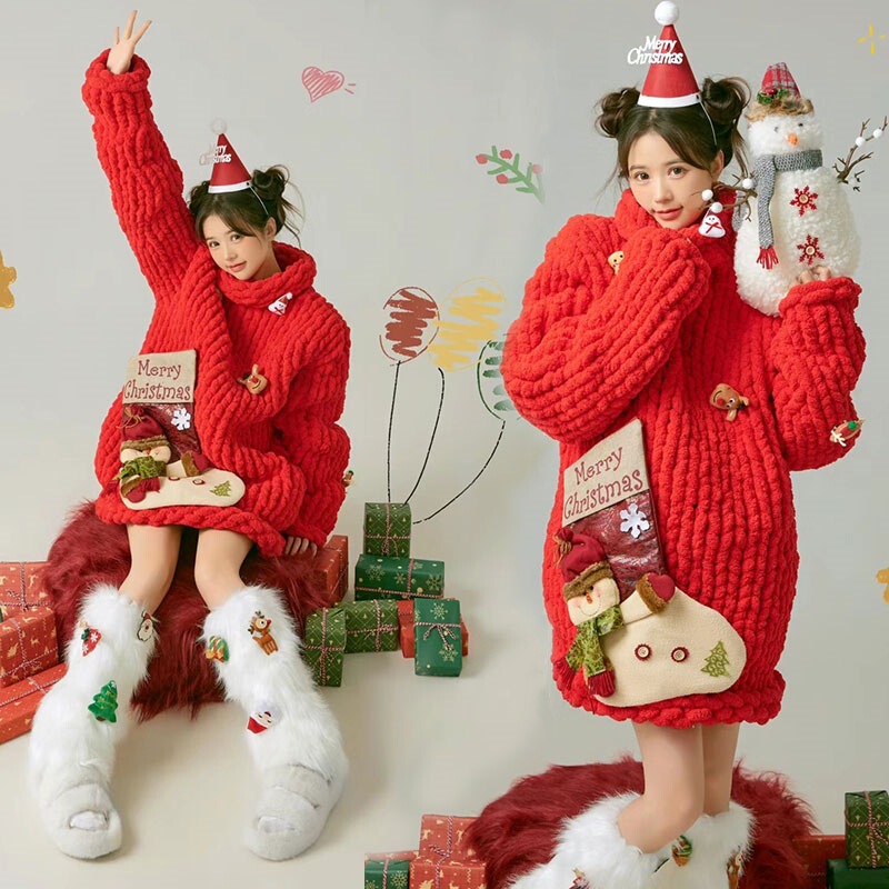 Pregnant women's Christmas red Handmade coarse wool knitted sweater suit studio pregnant mommy indoor atmosphere clothing Pregnant women's Christmas red Handmade coarse wool knitted sweater suit studio pregnant mommy indoor atmosphere clothing