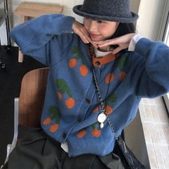 韩系穿搭蓝色提花针织衫上衣秋冬季设计感樱桃撞色毛衣开衫外套女