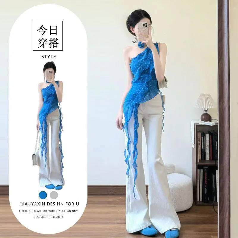 French-Style Chiffon Shirt with Irregular Ribbons and Ruffles, Women's Summer Top, Stunningly Beautiful, Super Nice-Looking, Flared Jeans Set