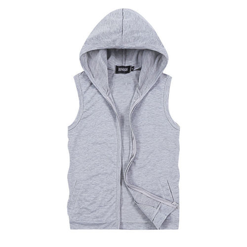 Spring and Autumn sleeveless plus-size hooded sporty vest for men, trendy slim-fit cap top, thin fitness pure color backless jacket outerwear