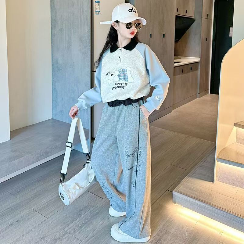 Girls' Spring and Autumn Outfit: Long-sleeve Polo Collar Cartoon Sweatshirt and Straight Pants Two-piece Sports Set for Older Children Girls' Spring and Autumn Outfit: Long-sleeve Polo Collar Cartoon Sweatshirt and Straight Pants Two-piece Sports Set for Older Children