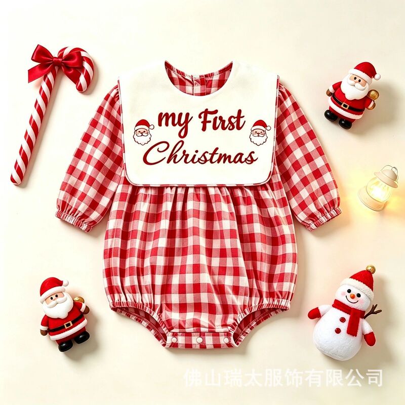 Baby girl clothes Christmas red plaid long-sleeve romper infant Santa Claus letter embroidery jumpsuit