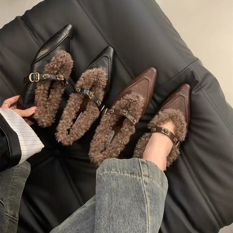 女鞋加绒保暖玛丽珍女鞋内增高单鞋女2025秋冬新款平底鞋毛毛鞋女