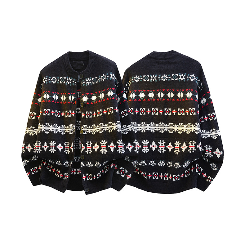 American retro jacquard suéter de Navidad Cardigan hombres y mujeres otoño invierno botones casuales camisetas de punto chaqueta de tendencia esponjosa