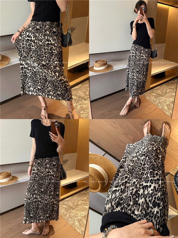 Korean-Style Casual Leopard Print Crinkled Skirt for Women, High-End Elastic Waist, Pleated Slimming Mid-Length Skirt, Trendy 2026 Spring/Summer