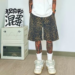 American Retro Niche Leopard Print Wide-Leg Denim Shorts for Men, Summer Straight Casual Loose High Street Cool Five-Point Shorts