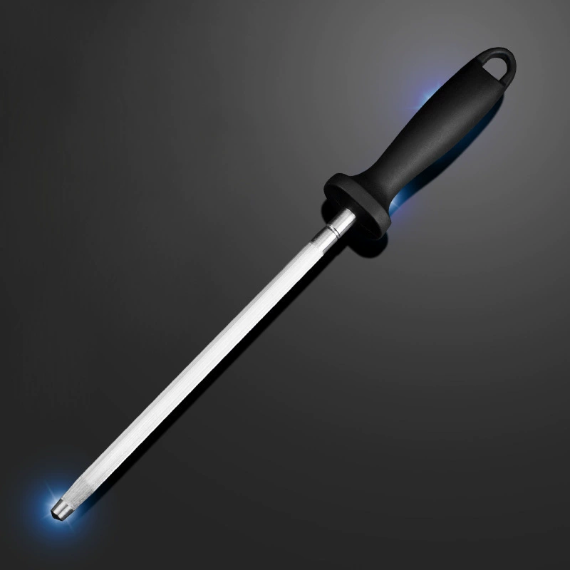 Factory direct supply kitchen small tool manual knife sharpener black rubber handle eight inch carbon steel sharpening rod