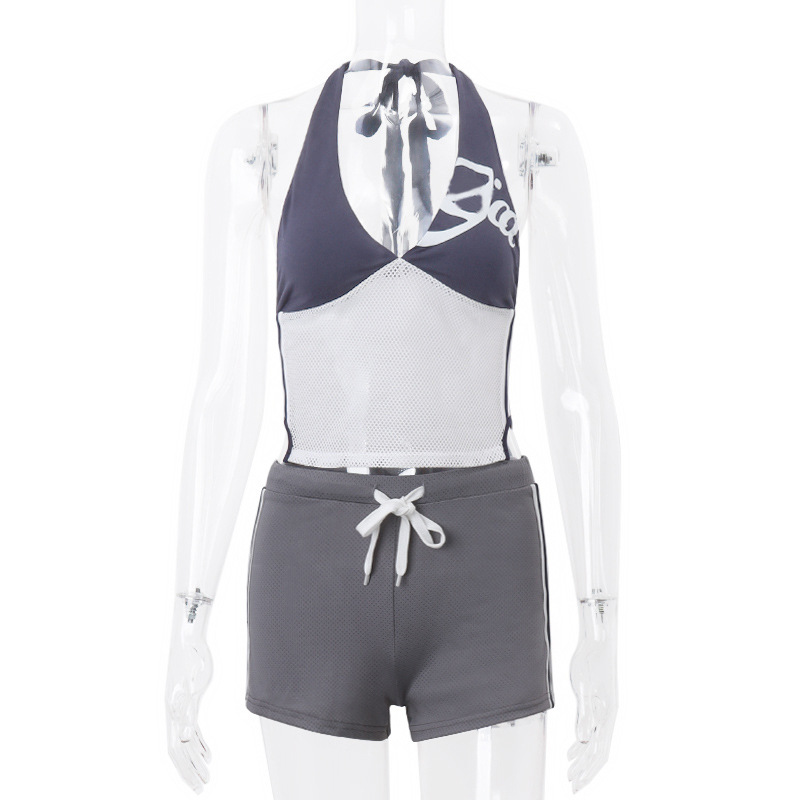 ChicShe ChicShe ChicShe S47H4442 Luźny sportowy top z siateczki z dekoltem w serek i halterem, damski, lekki, seksowny zestaw szortów_voghion.com