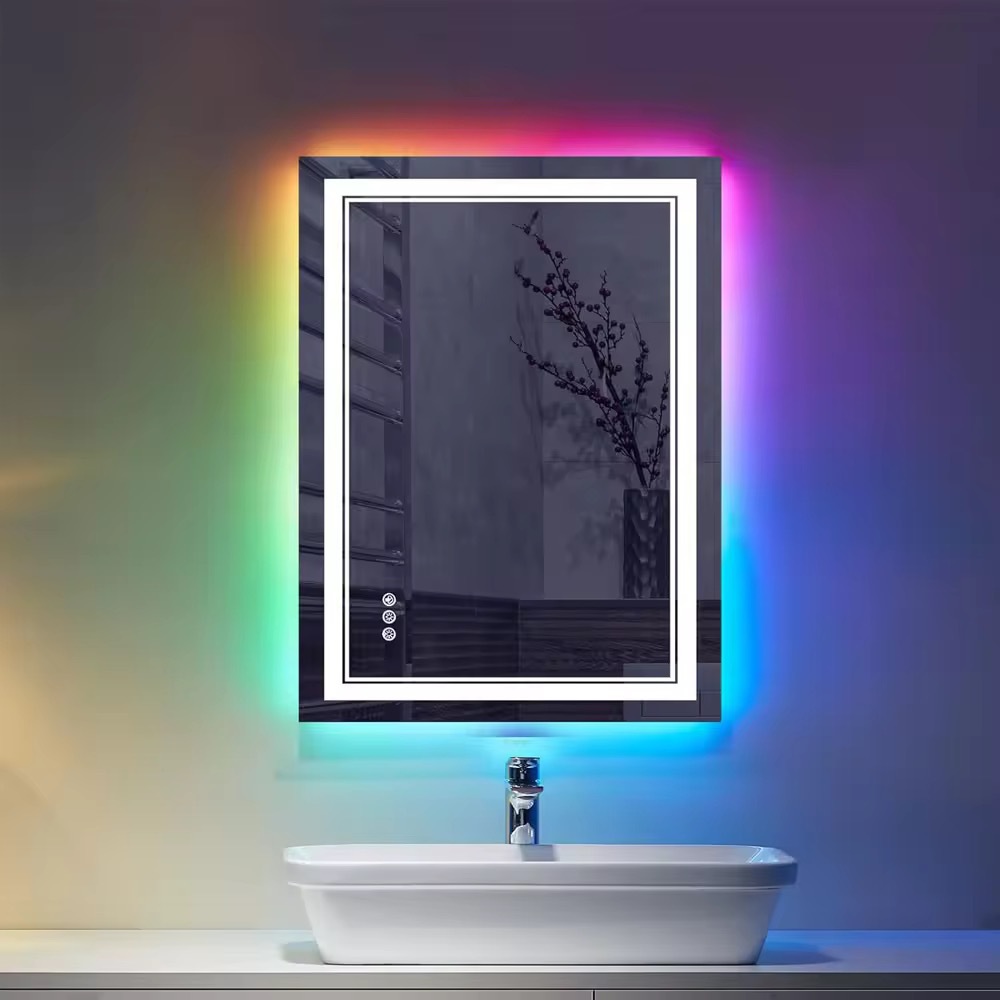 Cross-Border Smart Bathroom Mirror Wall-Mounted Led Light Mirror Color Light with Frame Anti-Fog Makeup Mirror Bathroom Mirror