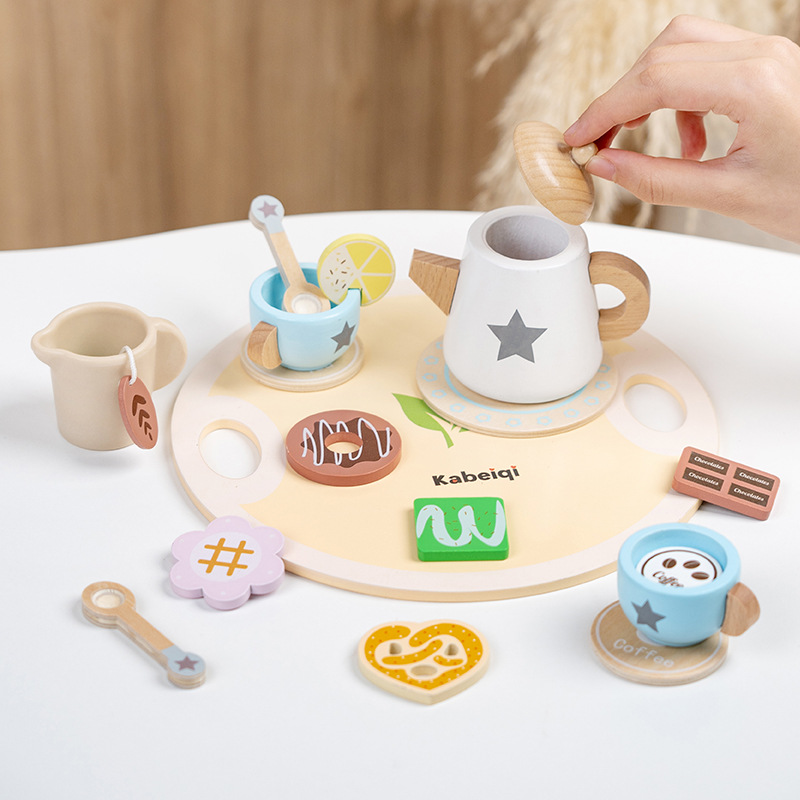 Juego de té de la tarde de simulación de madera para niños, juego de postre, cocina para bebés, juego de casas, juguetes educativos para la educación temprana image 3
