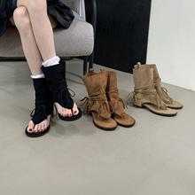 低跟夹趾凉靴子女2025夏季新款人字罗马凉鞋粗跟堆堆靴西部牛仔靴