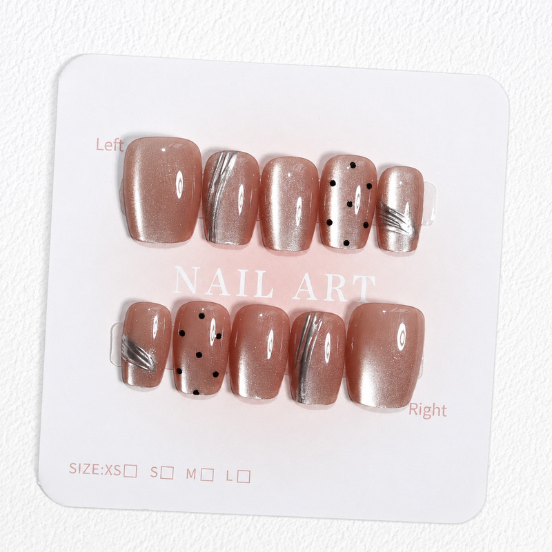 Wearable Nail Art Stickers Champagne Nude Brown Pearlescent Silver Line Black Dots Short Square Nails Gentle and Brightening Fake Nails Wholesale Wearable Nail Art Stickers Champagne Nude Brown Pearlescent Silver Line Black Dots Short Square Nails Gentle and Brightening Fake Nails Wholesale