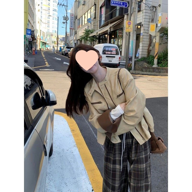 撞色皮衣外套女春秋韩系时尚复古设计感宽松显瘦高级感皮夹克|undefined