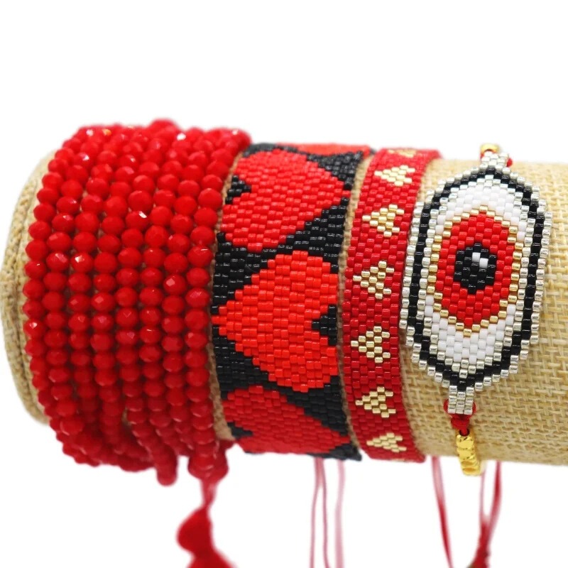 Multi-layer red crystal adjustable bracelet with tassel fashion heart round eyes miyuki bracelet set for women