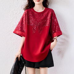 実写スポットファッションスパンコール刺繍半袖tシャツ女性2025新型大サイズ女装ヨーロッパ駅ブラウス