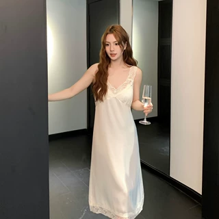 厂家批发仿醋酸蕾丝睡裙女 夏季V领中长裙性感纯欲风家居服代发