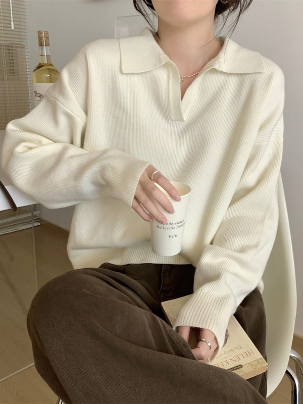 2025气质风休闲显瘦宽松翻领长袖针织毛衣女秋季百搭减龄打底上衣|undefined