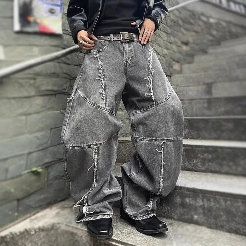 Cross-border tiktok americano retro lavado y jeans desgastados pantalones rectos sueltos de calle con costuras góticas