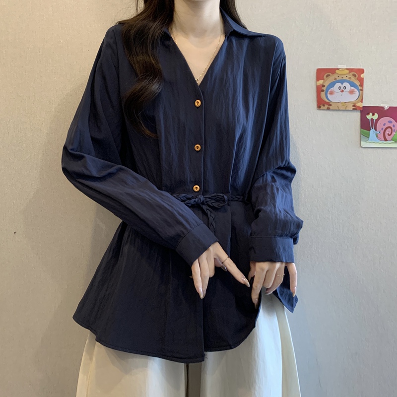 蓝色长袖v领打底衬衫女秋新款大码胖mm显瘦设计感系带收腰上衣|undefined