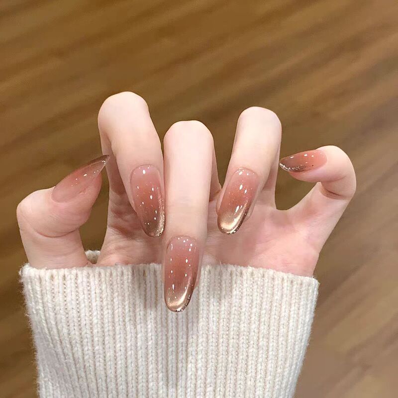 Handmade Wearable Nails, Ice-Transparent Brown Light-Measuring Cat-Eye Elegant, Simple Gradient Smudged Nails, High-End Accessible Luxury Manicure
