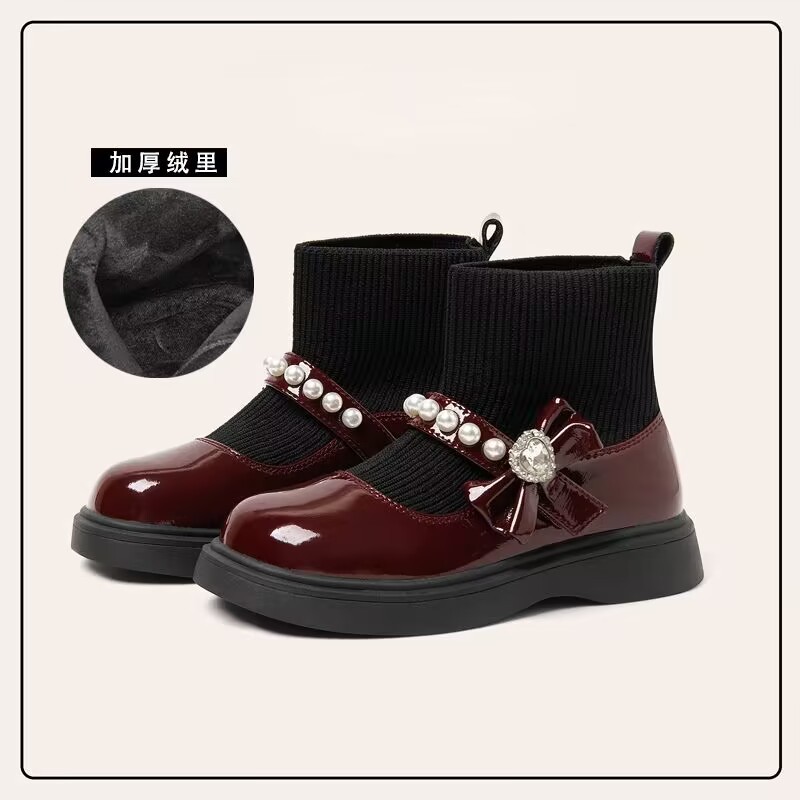 蝴蝶结女童皮鞋2025春秋冬款公主袜子靴儿童马丁靴小女孩短靴潮