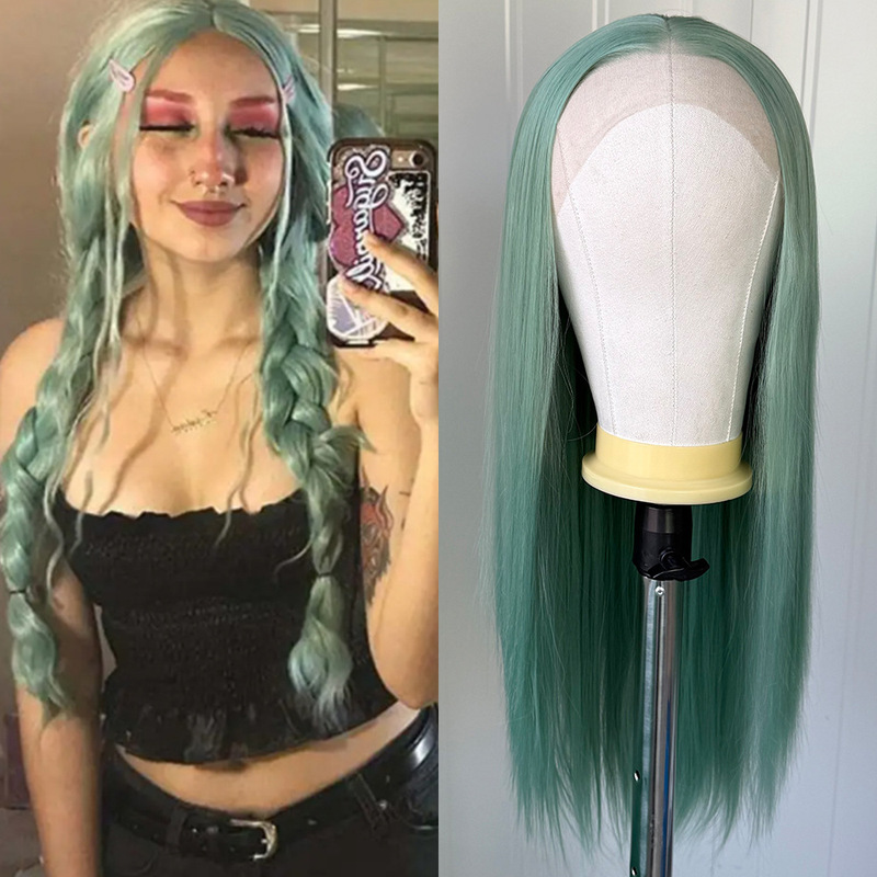Green Hand-Crocheted 13*4 Front Lace Wig, Long Straight Hair, Smooth Full Head Wig, Versatile for Cosplay Green Hand-Crocheted 13*4 Front Lace Wig, Long Straight Hair, Smooth Full Head Wig, Versatile for Cosplay