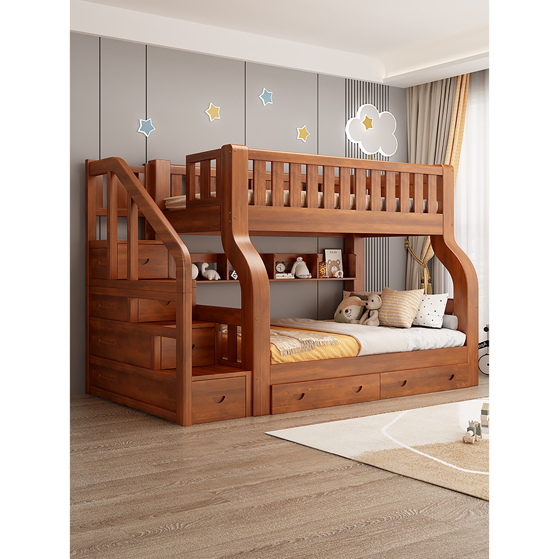 High and Low Bed, Bunk Bed, Solid Wood Bunk Bed, Multi-Functional Combination Children's Bed, Two-Story Bunk Bed, Wooden Bed