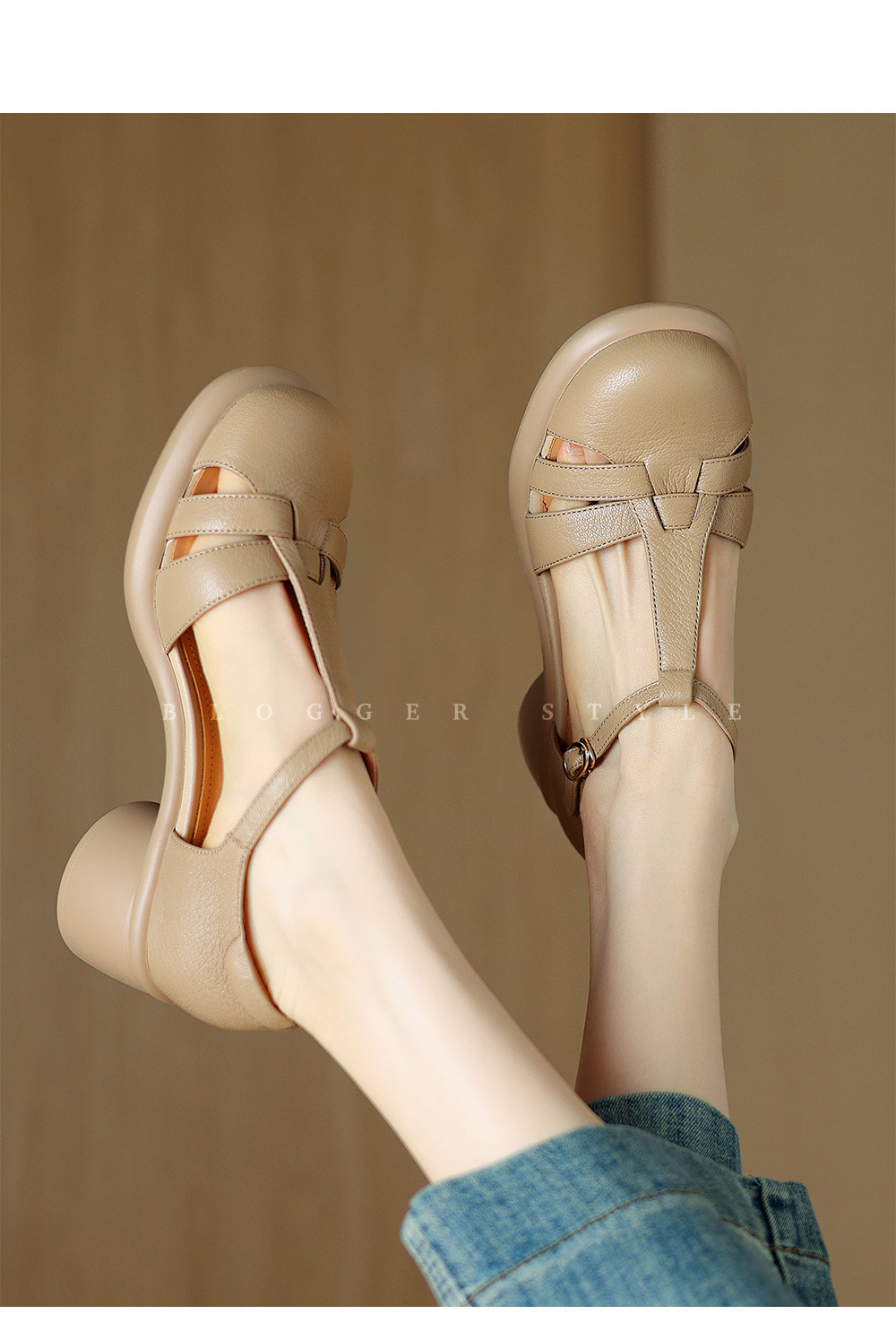 Sandal Mary Jane nữ đế dày gót vuông mũi tròn dệt kiểu La Mã — Màu trắng nhạt chi tiết 9