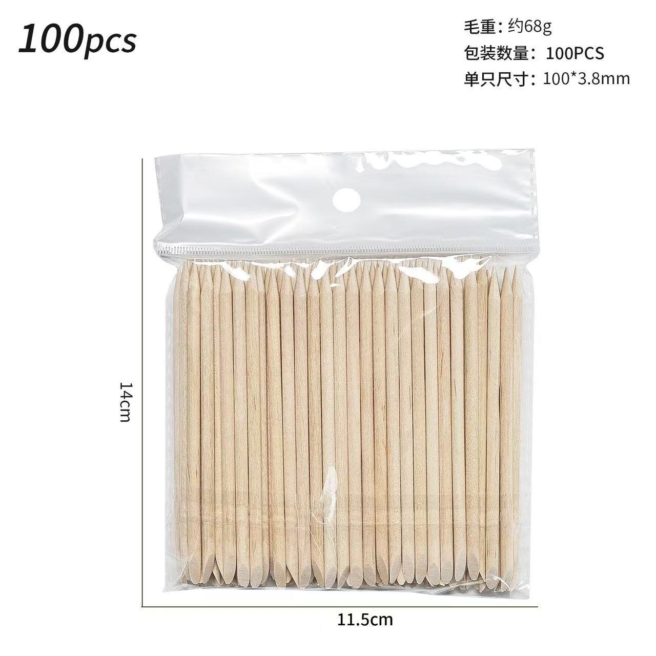 Herramientas de manicura al por mayor palo de madera de naranja palo de madera empuja la piel muerta 100 palos de madera de naranja de doble punta en bolsas