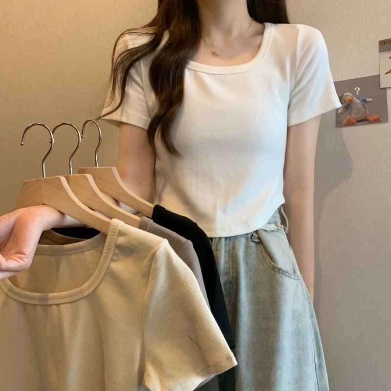 Designed Slim Fit Curved Hem Short Top for Women 2025 Summer Threaded Bottoming Shirt Short-Sleeved T-Shirt for Women