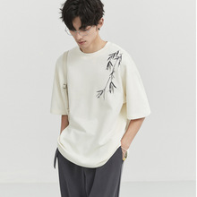 BJZE男装夏季设计感 新中式国风刺绣男短袖T恤韩版宽松圆领体恤衫