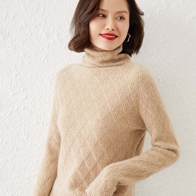 New high-neck pullover knit sweater for autumn and winter, loose-fitting floral top, women's plus-size slimming long-sleeve sweater