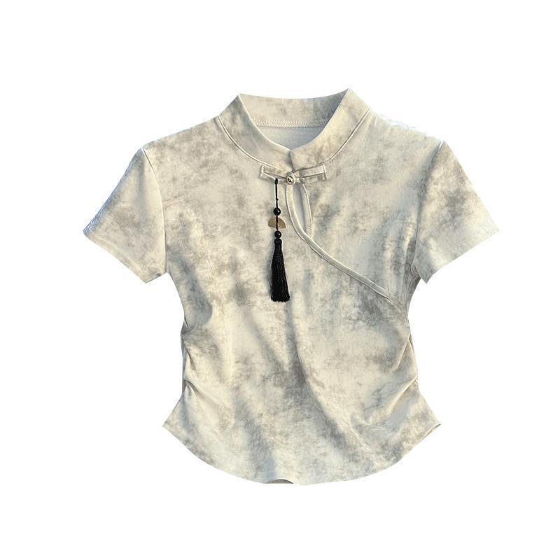 Nueva camiseta de manga corta delgada irregular con hebilla de disco de estilo nacional de estilo chino para mujer verano nuevo estilo corto ropa de todo fósforo