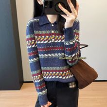 民族风 绵羊毛混纺复古费尔岛Polo领针织套衫保暖秋冬毛衣女25161